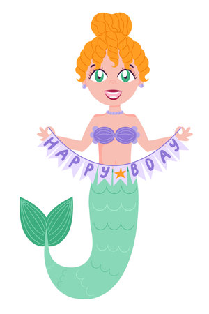 Childrens magic element. Cute mermaid congratulates happy birthday Vector cartoon illustration in flat style isolated on a white background. For print, design, poster, sticker, card, decoration.のイラスト素材