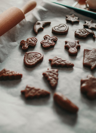Raw gingerbread cookies in festive shapes like stars, trees, hearts, and gingerbread men on baking paper, with a wooden rolling pin nearby.の写真素材