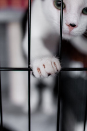 A cat paw gripping metal cageの写真素材