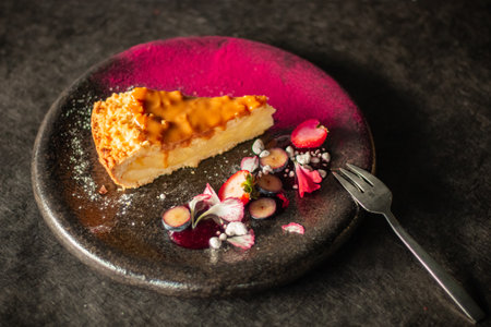 A slice of cheesecake with powdered sugar, fresh strawberries, sliced grapesの写真素材