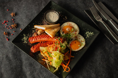 A gourmet breakfast plate with sausages, fried eggs, toast, saladの写真素材