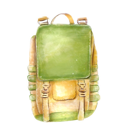 Tourist backpack watercolor on a white background, isolate. Green camping travel backpack with tourist mat in outdoor travel. Perfect for traveling, trip, hiking, nature, campsite elementsの写真素材