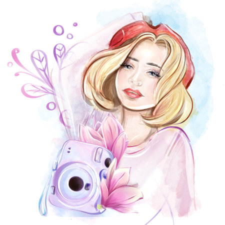 Romantic girl in a red beret watercolor with an instant camera, French. Watercolor woman design isolated on a white background. Parisian woman clipartの写真素材