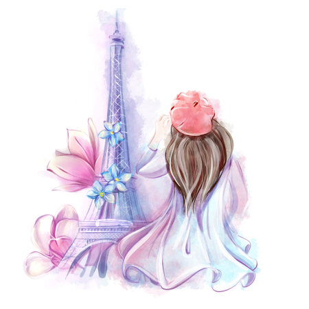 Beautiful girl on the background of the Eiffel Tower with magnolias, spring clipart. French tourism, attractions. Watercolor illustration, sketchの写真素材