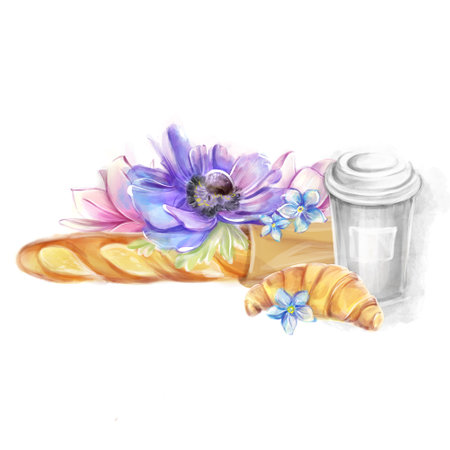 French baguette, croissant and coffee. Watercolor illustration. Logo for a bakeryの写真素材