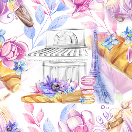 Seamless pattern with bakery, cafe and spring flowers in a watercolor style. Travel to France. Ideal for textile, industrial, scrap, packaging paperの写真素材