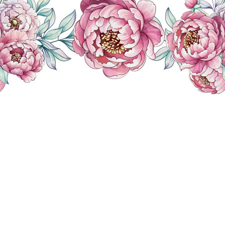 Soft pink peonies in watercolor blend beautifully with vibrant greens, creating an elegant floralのイラスト素材