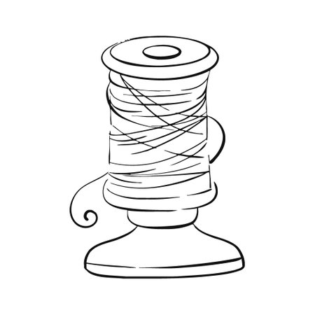 Spool of thread, vintage sewing tool for fabric, textile, craft. Graphic vector line, hand drawnのイラスト素材