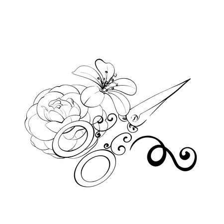 Scissors with flower. Vintage sewing tools. Concept of creativity and artistry, as the flower andのイラスト素材