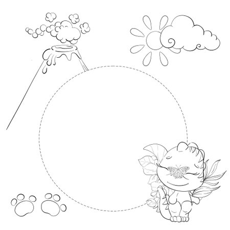 Vector circle frame -baby dinosaur with palm leaves, tyrannosaur for nursery, newborn. Cartoonのイラスト素材