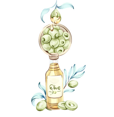 Olives and olive oil illustrated in watercolor highlighting the essence of Italian cuisine andのイラスト素材