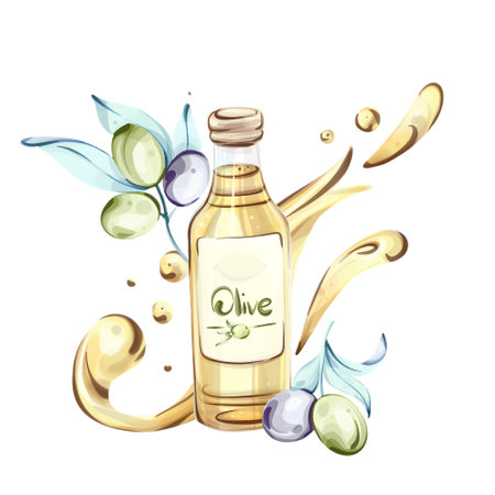 Illustration of olives and olive oil in vibrant watercolor celebrating Italian cuisine and naturalのイラスト素材