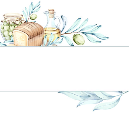 Exploring the beauty of olives and olive oil in vibrant watercolor illustrations of Italian cuisineのイラスト素材