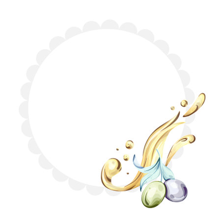 Watercolor illustration featuring olives and olive oil inspired by Italian cuisine and nature frameのイラスト素材