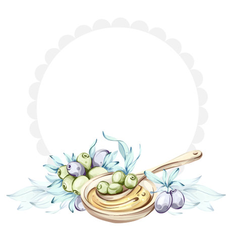 Olives and olive oil illustrated in watercolor style celebrating Italian cuisine and natures beautyのイラスト素材