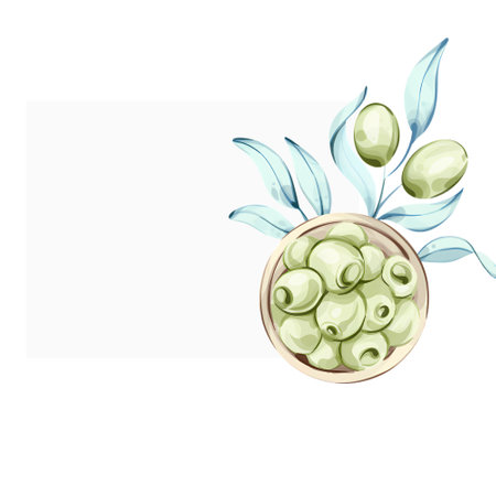 Olives and olive oil illustrated in watercolor celebrating the essence of Italian cuisine and natureのイラスト素材