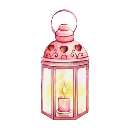 Watercolor Christmas red lantern and candle, isolated. Winter festive decor. Hand drawn watercolorのイラスト素材