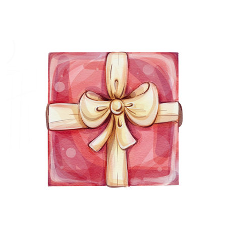Watercolor gift with gold bow, red box for celebration. Template, elements for greeting cardsのイラスト素材