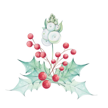 Christmas watercolor bouquet with holly green leaves and red berries. Winter composition, decorのイラスト素材