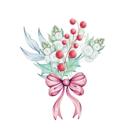 Christmas watercolor bouquet with holly green leaves and red berries, snowberries. Winterのイラスト素材