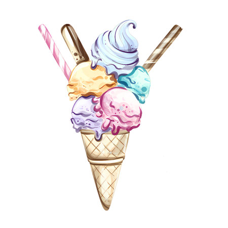 Savor the sweet moments of summer with a colorful ice cream cone filled with delightful flavorsのイラスト素材
