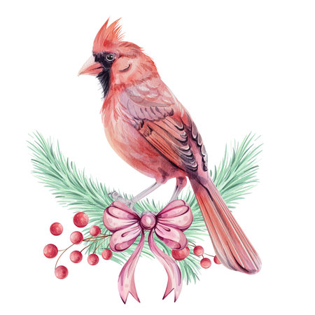 Watercolor Christmas bird red cardinal, with brunch, red berries and bow, isolated. Symbol ofのイラスト素材