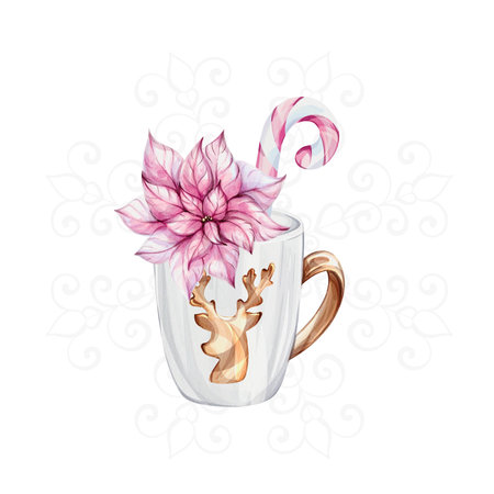 Watercolor Christmas white mug with gold reindeer with openwork snowflake, isolated. Candy caneのイラスト素材