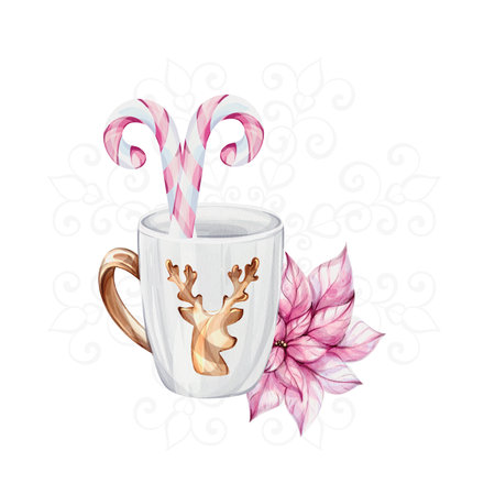 Watercolor Christmas white mug with gold reindeer with openwork snowflake, isolated. Candy caneのイラスト素材