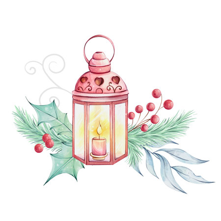 Watercolor Christmas red lantern and candle with holly green leaves and red berries, isolatedのイラスト素材