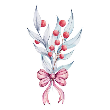 Christmas watercolor bouquet with holly blue leaves and red berries with bow. Winter compositionのイラスト素材