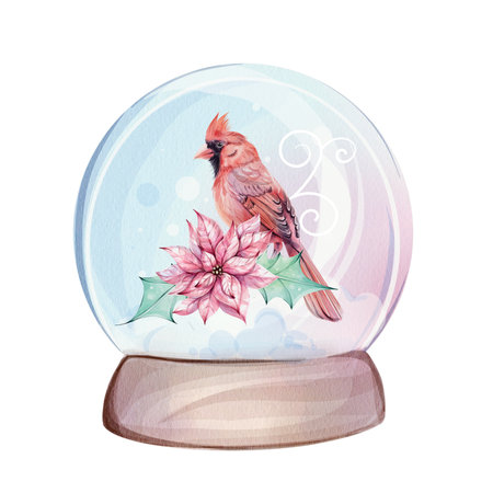 Watercolor Snow globe, glass ball shaker. bird red cardinal, with brunch, red berries and Redのイラスト素材
