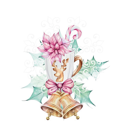 Watercolor Christmas white mug with gold reindeer with openwork snowflake, isolated. Candy caneのイラスト素材