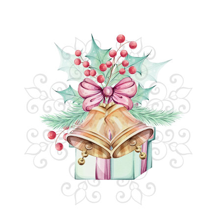 Watercolor christmas jingle golden bell with bow, with holly green leaves, red berries and fir. Giftのイラスト素材