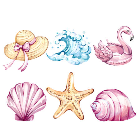 Summer vacation essentials featuring beach icons such as a stylish hat, pink flamingo floatの写真素材