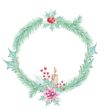 Watercolor christmas circke frame - tree brancah, candle with fir, red poinsettia flower and berriesのイラスト素材