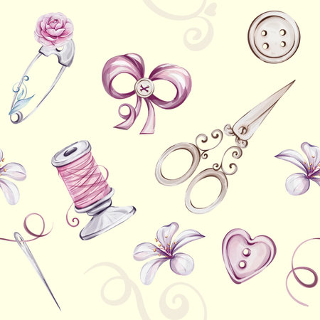Watercolor cream seamless pattern with vintage sewing tools, scissors, spool of thread, needle, pinsの写真素材