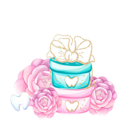 Watercolor gifts from fairy tooth with roses. Congratulation first teeth. Dental clip art. Flowersのイラスト素材