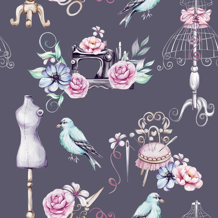 Watercolor dark seamless pattern - vintage sewing machine, Mannequin Stand, for Tailoring andの写真素材