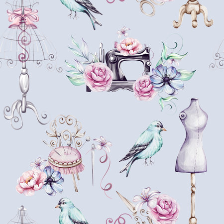 Watercolor blue seamless pattern - vintage sewing machine, Mannequin Stand, for Tailoring andの写真素材
