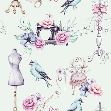 Watercolor green seamless pattern - vintage sewing machine, Mannequin Stand, for Tailoring andの写真素材