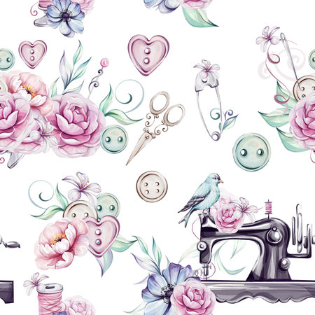 Watercolor vintage seamless pattern - sewing tools, sewing machine, scissors, spool of threadの写真素材