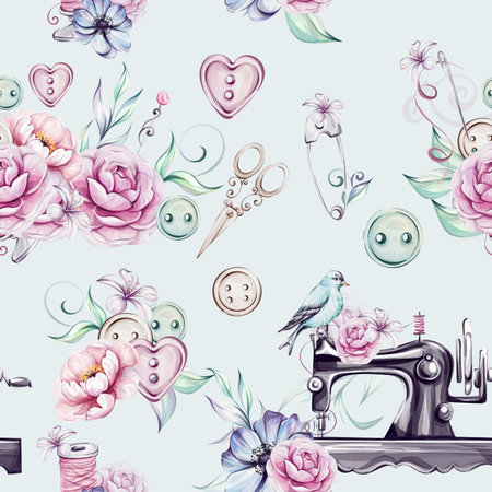 Watercolor green vintage seamless pattern - sewing tools, sewing machine, scissors, spool of threadの写真素材