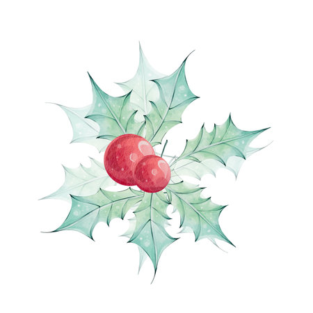 Christmas watercolor bouquet with holly green leaves and red berries. Winter composition, decor inの写真素材