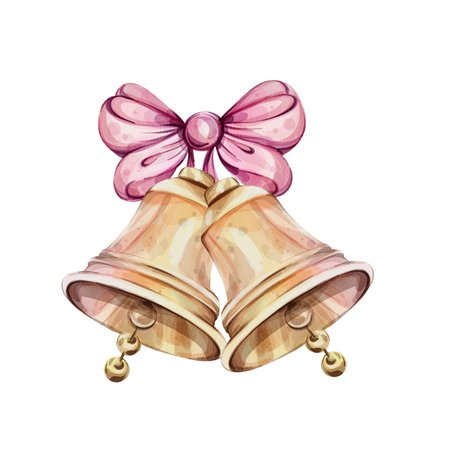 Watercolor christmas jingle golden bells with bow, isolated. Hand drawn illustration.の写真素材