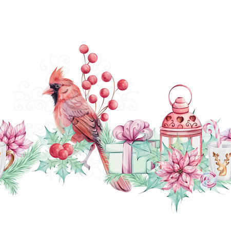 Watercolor seamless border - Christmas bird red cardinal arrangement with brunch, red berries andの写真素材