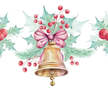Christmas watercolor seamless border - compositions with holly green leaves, red berries. Jingleの写真素材