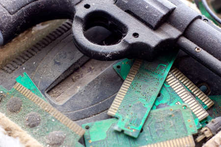 Retro Gamepad, controller and game console covered vith dirt and dust. Outdated and obsolete technologies conceptの写真素材