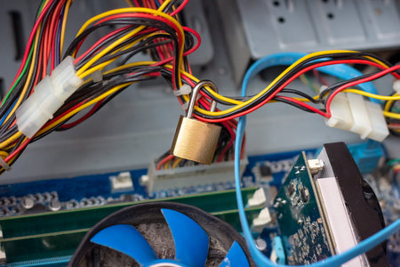 Metal lock on computer wires as data protection and cyber safety concept.の写真素材