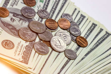 American coins on dollar usa background. Financial concept.の写真素材