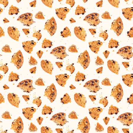Top view of American chocolate chip cookie pieces with crumbs repeat seamless pattern on light background.の写真素材